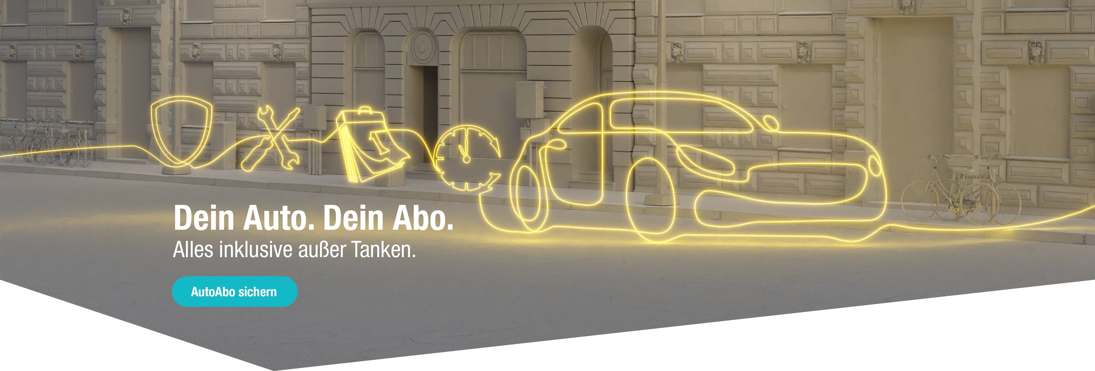 Die Illustration eines Autos mit Versicherung-, Kalender- und Reparatur-Icons symbolisiert das Auto Abo inklusive Leistungen.